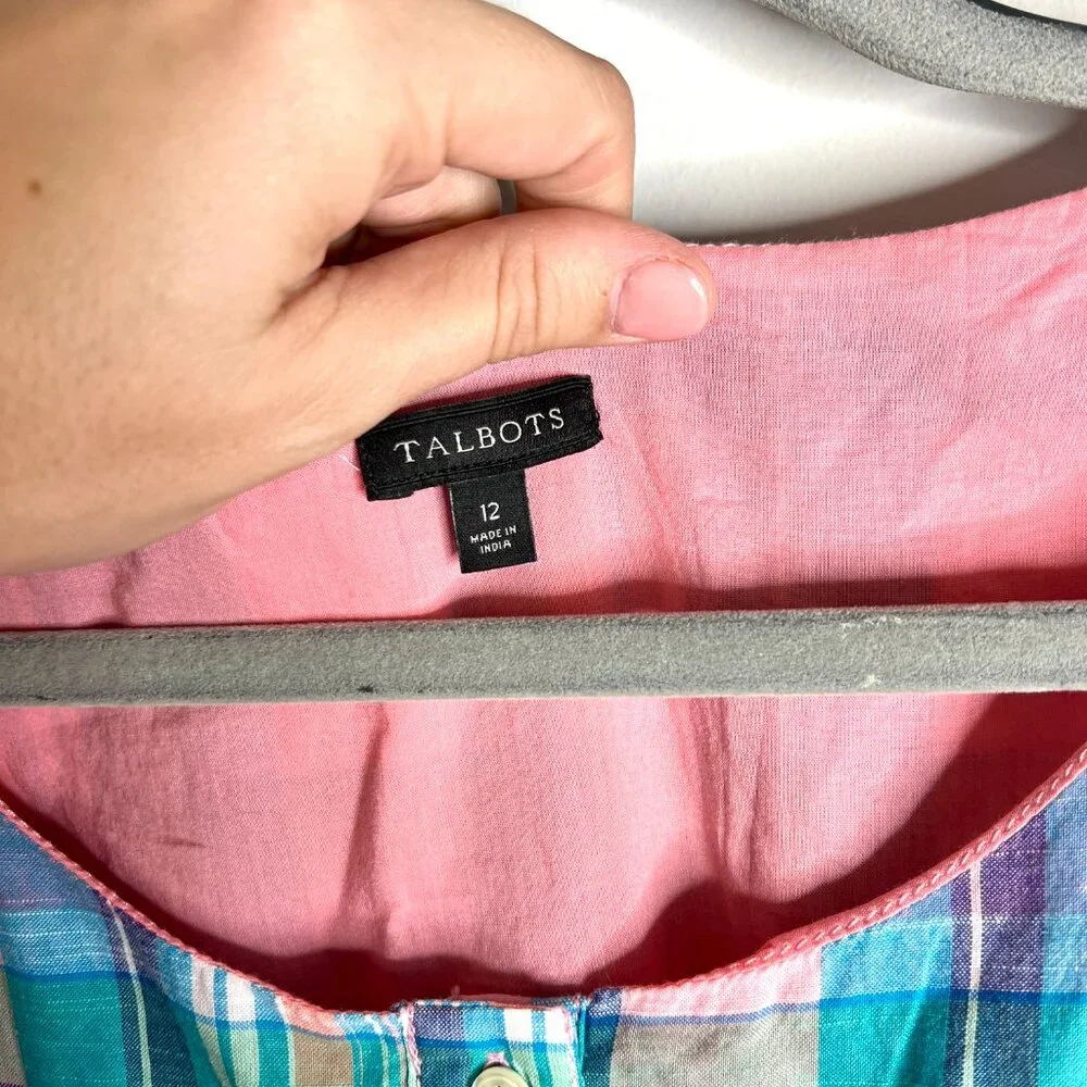 Talbots Madras Button Front Shirtdress Pink Blue Plaid Fit & Flare Summer Sz 12 - Picture 3 of 6